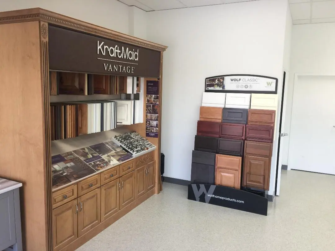 Showroom with kraftmaid vantage and wolf classic cabinetry samples.