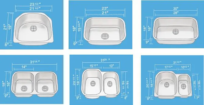 Technical diagram showcasing a variety of sink design options with detailed dimensions.